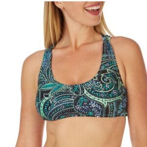 Island Soul Black Blue Green Paisley Bralette Swimsuit Bikini Top - Size Small